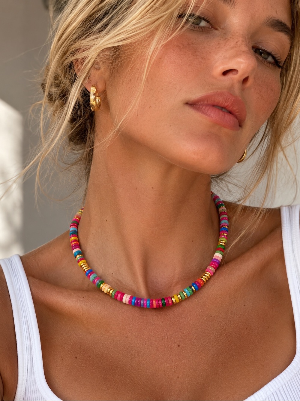 Semiprecious Stone Bead Rainbow Necklace • Pink/Multicolor • NWOT Boho Coastal